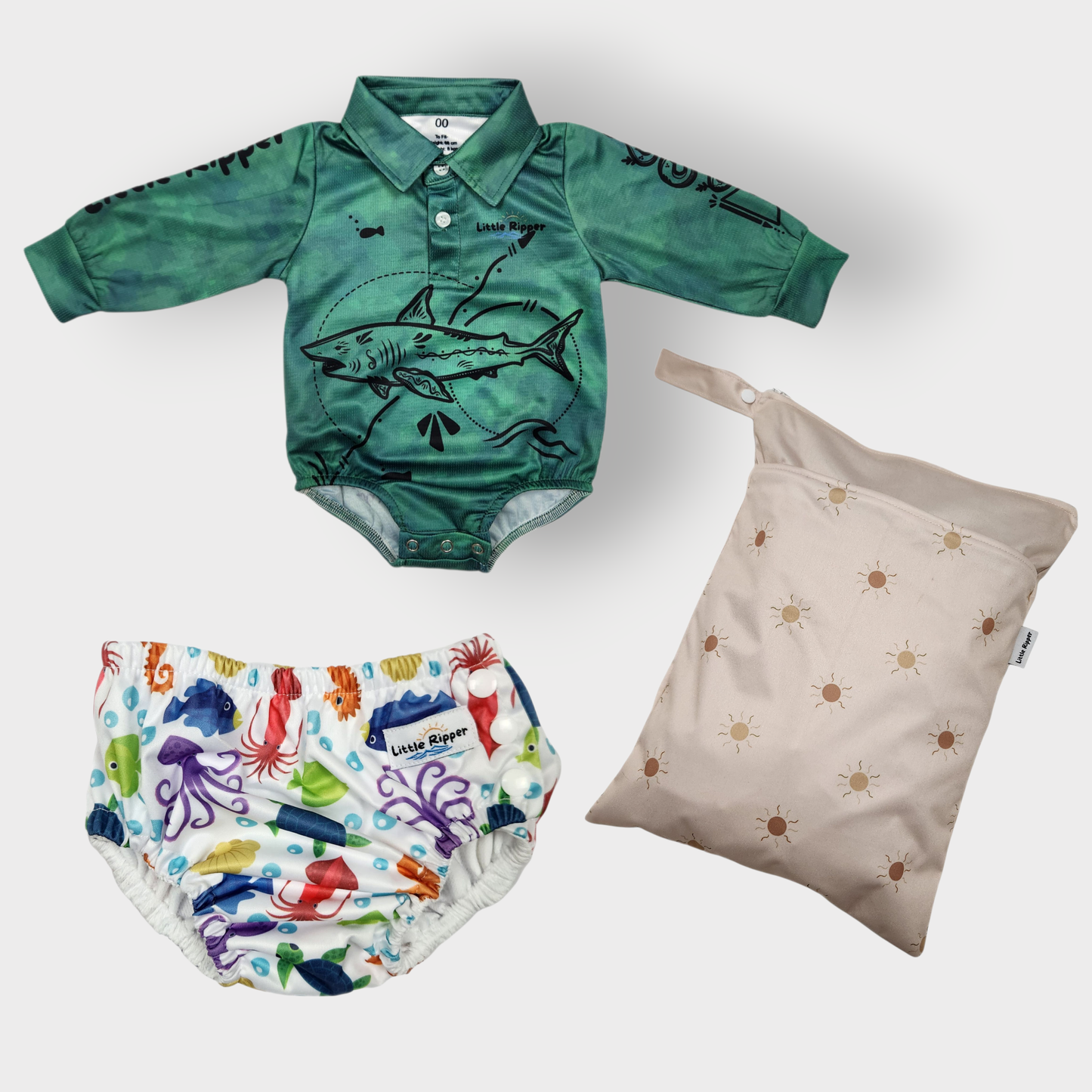 Onesie + Swim Nappy + Wet Bag