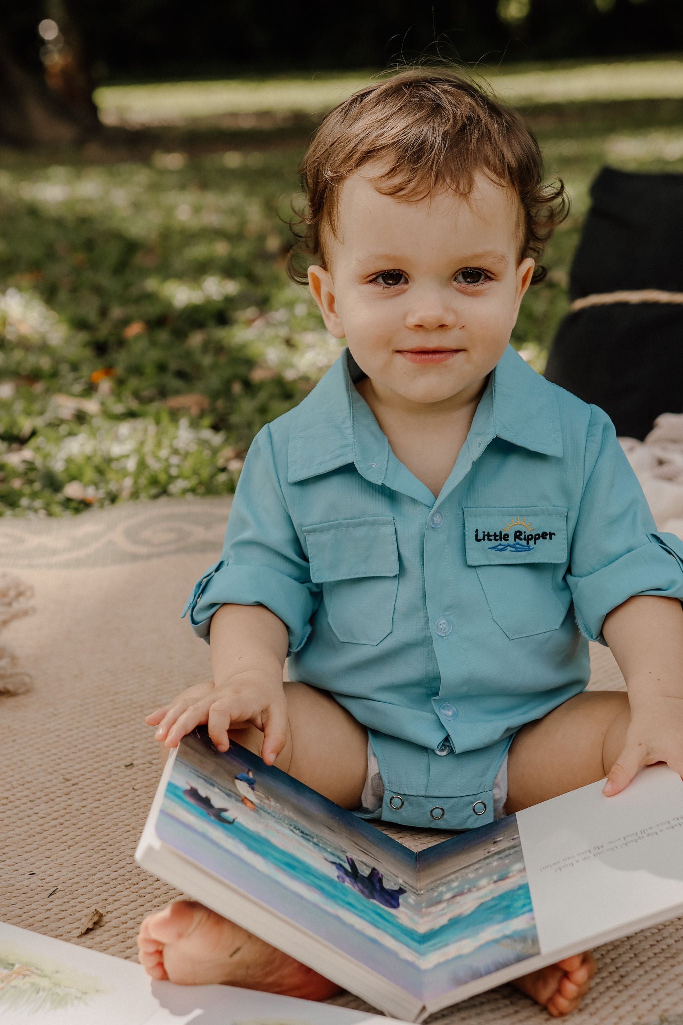 Blue Outdoor Button Up Onesie
